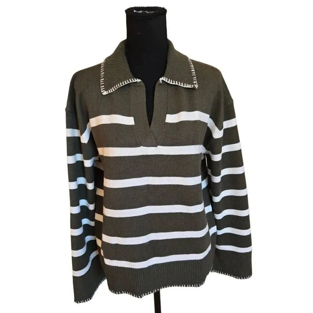 Merokeety Womens Striped Johnny Collar Oversized Pullover Sweater Green Large